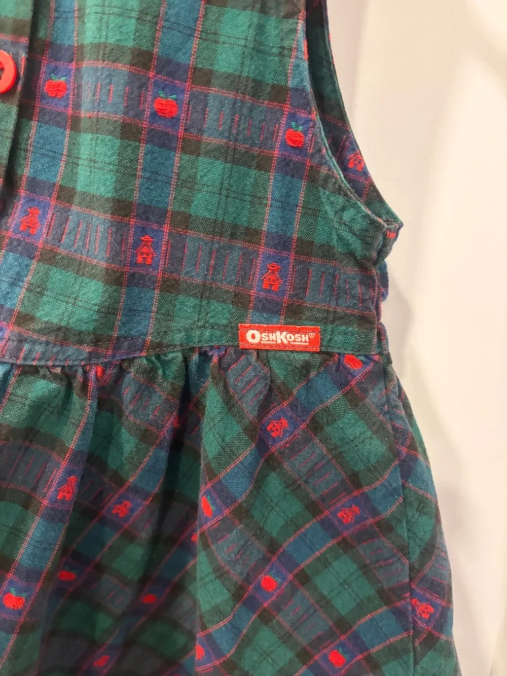 Vintage OshKosh Bgosh Green Plaid Sleeveless Girls Dress with Red Buttons - Picture 3 of 15